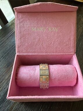 Mary Kay Silver-Tone Bracelet with Pink Enamel Panels and Crystal Accents